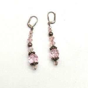 Vintage 925 Sterling Silver Pink Crystal Bead‎ Dangle Earrings